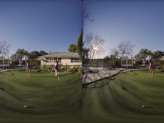 Two hot babes shake their ass and make out for their golf instructor in VR