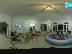 teen latina lesbians oil wrestling with their big booty step-sisters in VR