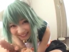 木村つな、キュートなネコ耳コスプレで前張りくっきりオマンコディルドオナニー！我慢しきれずにチンコもしゃぶっちゃう！