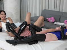 A masochistic man is made to practice martial arts by japanese women